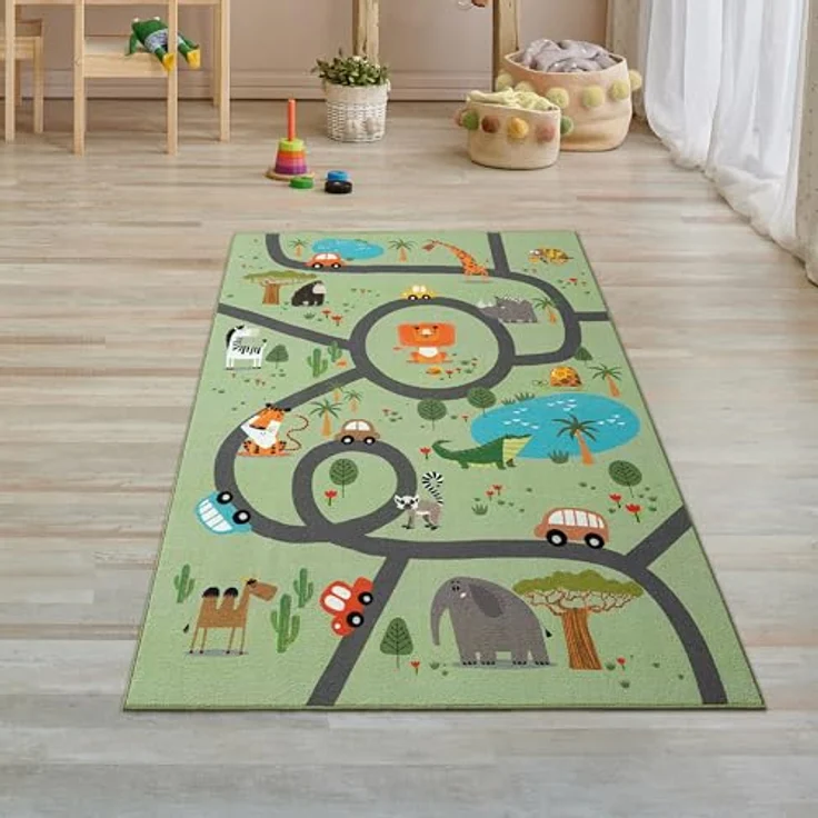 Teppich-Traum Kinderteppich Safari Tiere Straßen, rutschfest, grün, 80x150 cm – Bild 1
