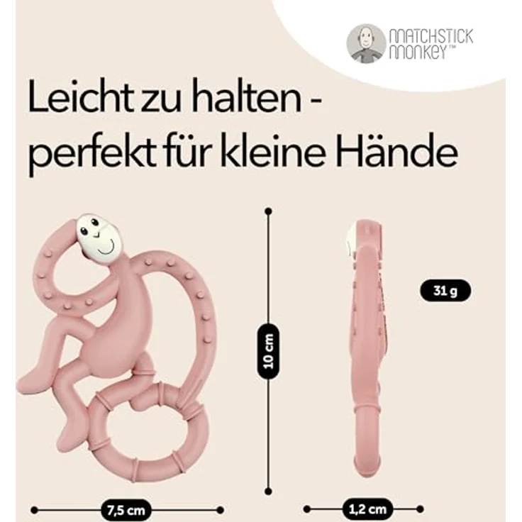 Matchstick Monkey Silikon Mini-Beißring & Gel-Applikator, ergonomisch, BPA-frei, zahnfreundlich, altrosa, 10 cm – Bild 4
