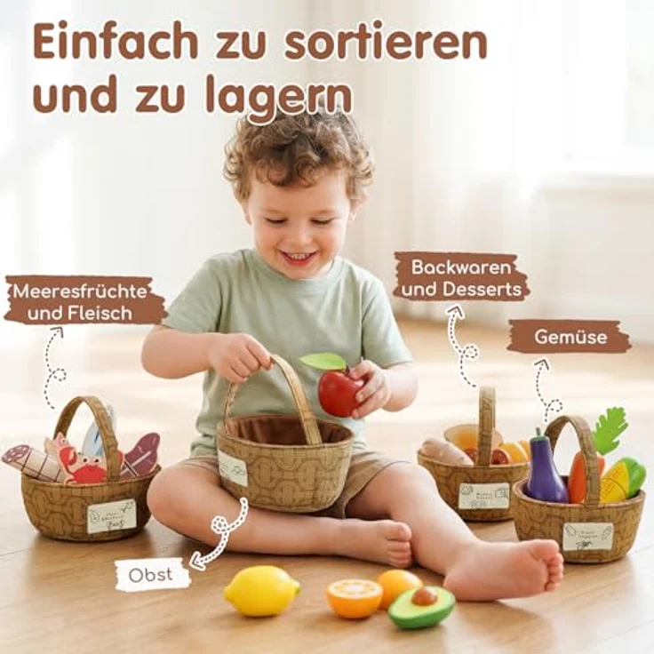 Lehoo Castle Kinderküche Zubehör, 23-teiliges Holzspielzeug mit Stoffkörben, geeignet für Kinder ab 3 Jahren – Bild 3