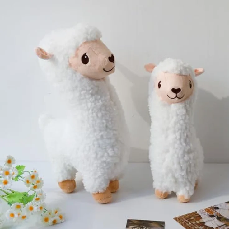 Herfair Alpaka Kuscheltier, Plüschtier aus weicher Lammfellwolle, 33cm, weiß, ideal als Geschenk für Kinder – Bild 2