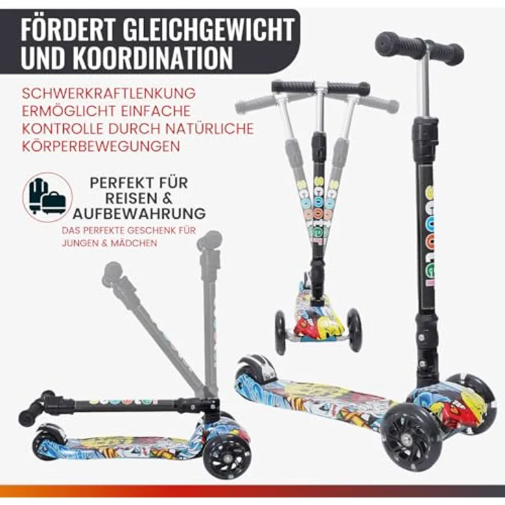 Europebazar Habib Kinderroller Metall-Roller 3-Rad, klappbar mit LED Licht, bis 50kg, Schwarz – Bild 6