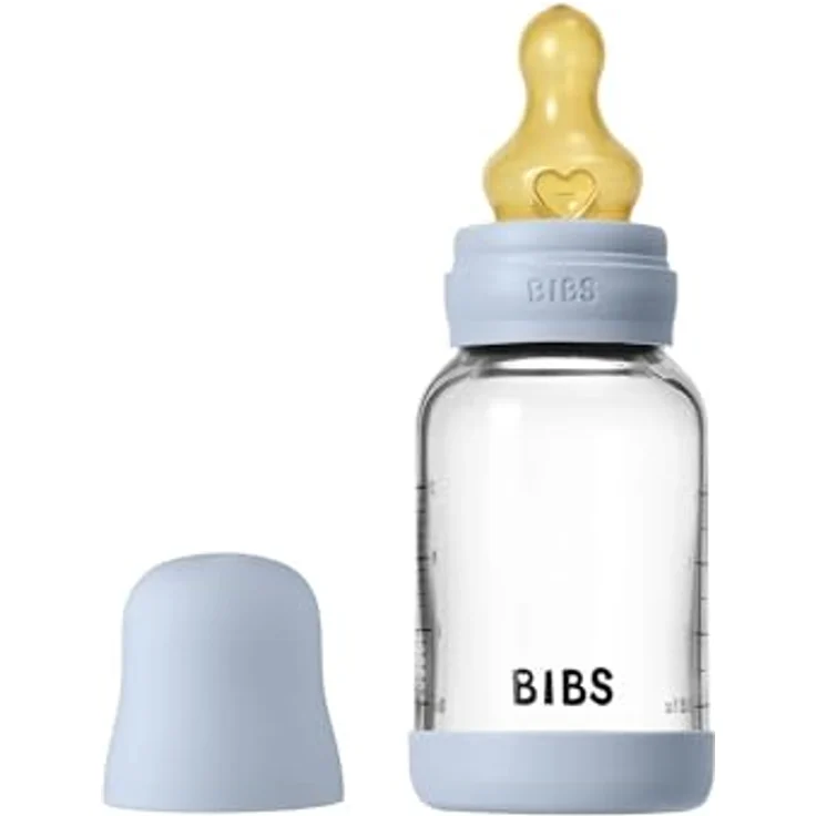 BIBS Baby Glasflasche 120ml, runder Sauger aus Naturkautschuklatex, vermindert Koliken, unterstützt das Stillen, Baby Blue – Bild 1