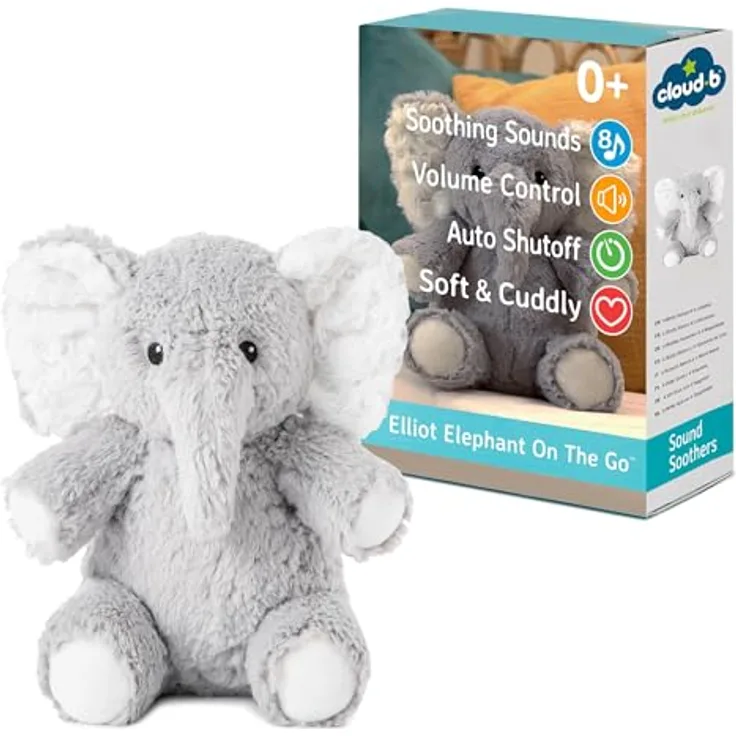 Cloud b Elliot Elephant On The Go Soundmaschine mit beruhigenden Geräuschen | Kuscheliges Stofftier | Einstellbare Einstellungen und automatische Abschaltung.