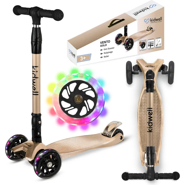 COIL VENTO Kinderroller, Dreirad-Balance-Roller mit ABEC-7-Lagern, 3-stufiger Lenkradverstellung und LED-Rädern, Gold