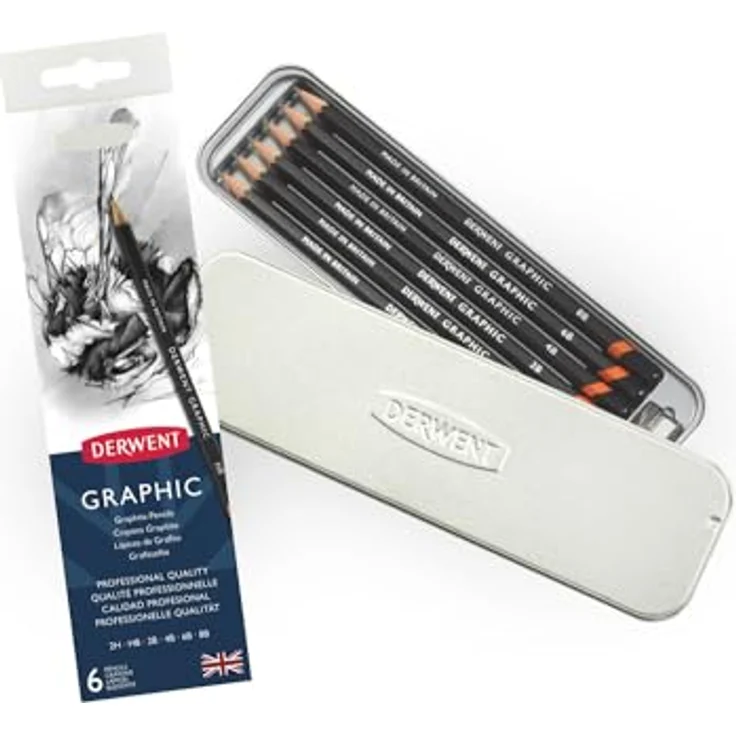 Derwent Graphic Bleistift-Zeichenstifte, 6er-Set mit Härtegraden 8B-2H und Spitzer, professionelle Qualität, ideal zum Skizzieren – Bild 1