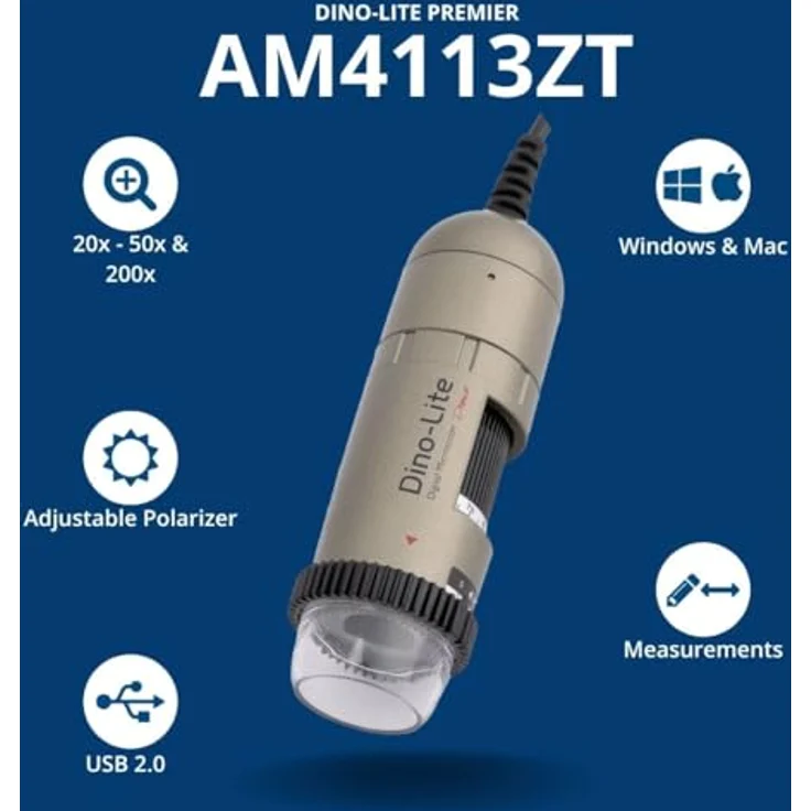 Dino Lite AM4113ZT Handmikroskop, 200 × Vergrößerung, USB 2.0, 1280 x 1024 Auflösung, einstellbare Polarisierung, Mess- und Kalibrierungsfunktionen – Bild 2