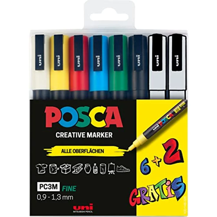 uni-ball 186825 - POSCA Marker Set, 8er Etui Acrylstifte PC-3M, 0.9 - 1.3 mm, 6 Standardfarben + 2 wechselnde Sonderfarben - Preisvergleich – Bild 1