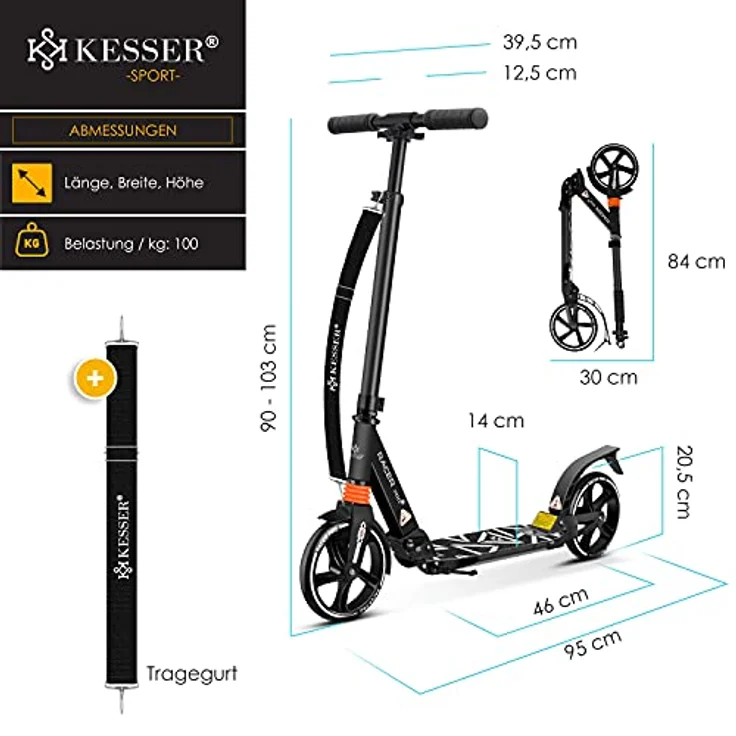 KESSER® Cityroller Scooter 205mm Räder PU Big Wheel - Pro-S Tretroller mit Doppel Federung, City-Roller Scooter klappbar und Höhenverstellbar, Roller Kickscooter für Erwachsene und Kinder Schwarz – Bild 8