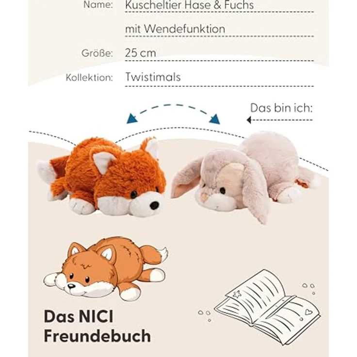 NICI Twistimals Plüsch Hase & Fuchs 2in1, wendbares Kuscheltier in orange, 25cm – Bild 6