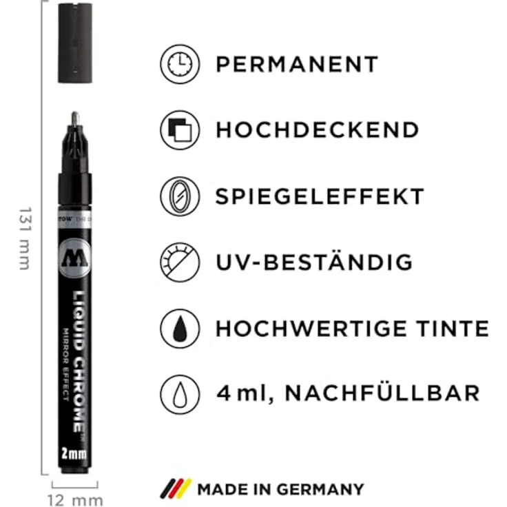 Molotow Liquid Chrome Marker 2,0 mm, Metallic Stift mit echtem Spiegeleffekt, 3 Stück chrom silber, Made in Germany – Bild 3