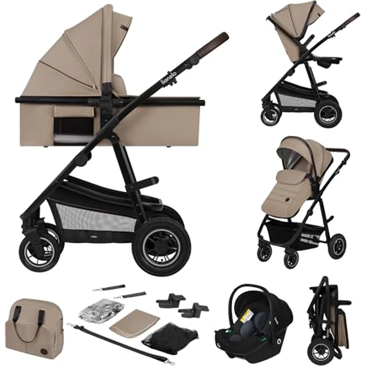 Lionelo Amber 3 in 1 Kombikinderwagen, mit sportlichem Sitz, Babywanne, Autositz und umfassendem Zubehör, Beige Sand – Bild 1
