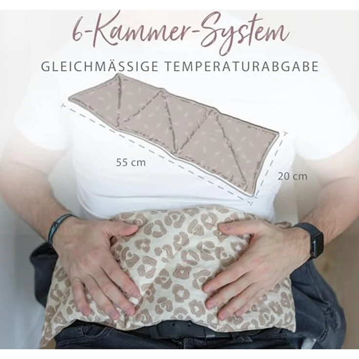 Theraline Kirschkernkissen groß 55x20 cm – Wärmekissen mit 6 Kammern und 100% Baumwollhülle für Nacken, Schultern & Rücken, Blättertanz taupe – Bild 5