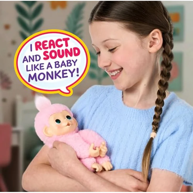 Little Live Pets Baby Monkey Minis Luna Lemon, interaktiver Plüschaffe mit 20+ Geräuschen, 18,8 cm, weiches rosa Fell, griffige Hände & Füße, sammle alle 3 – Bild 2