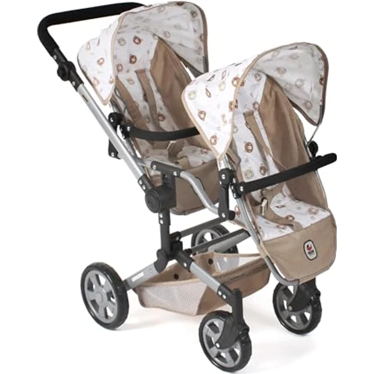 Bayer Chic 2000 - Puppenwagen Linus Duo, Zwillingspuppenwagen mit höhenverstellbarem Schiebegriff, inklusive Puppenautositz und Babywanne, Bärchen beige – Bild 1