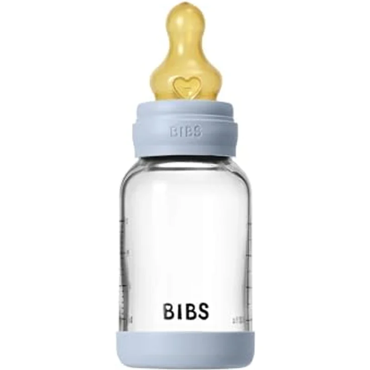 BIBS Baby Glasflasche 120ml, runder Sauger aus Naturkautschuklatex, vermindert Koliken, unterstützt das Stillen, Baby Blue – Bild 4