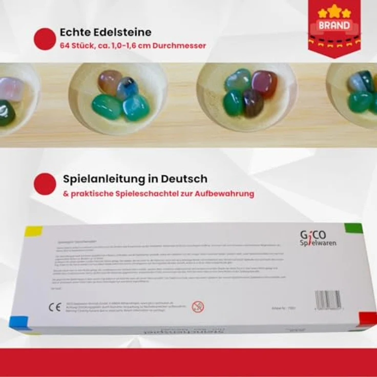 GICO Steinchenspiel Hus Bao Mancala groß aus Holz mit Edelsteinen - Strategiespiel für Jung und Alt, hochwertige Klappkassette, 64 Edelsteine - 7953 – Bild 4