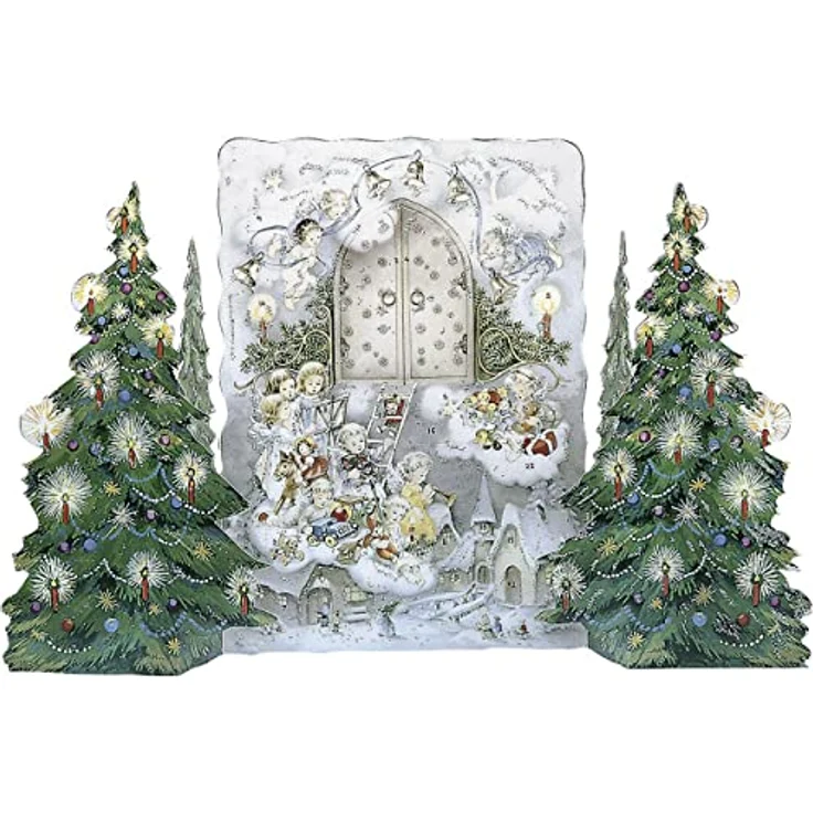Korsch Adventskalender zum Aufstellen "Vor dem Himmelstor", dreidimensionales Faltmotiv mit seitlich ausklappbaren Weihnachtsbäumen und edlem Silberglimmer – Bild 2