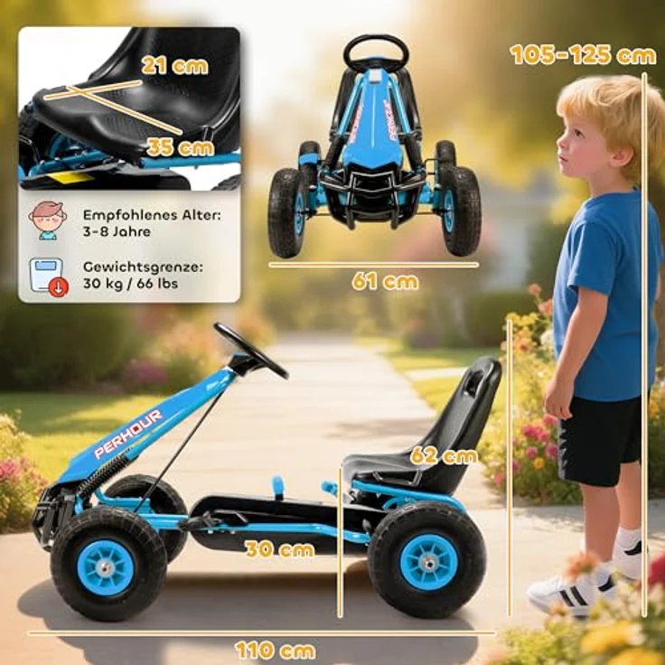 AIYAPLAY Go-Kart Tretauto mit verstellbarem Sitz, Handbremse und Vor- und Rückwärtsgang, für Kinder 3-8 Jahre, Blau – Bild 7