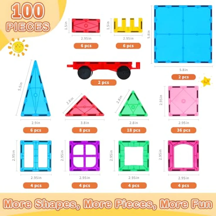 Katiago Magnetische Bausteine, 100 PCS Set mit 2 Autos, bunt, STEM Montessori Spielzeug für Kinder ab 3 Jahren, kreatives Bauspielzeug – Bild 2
