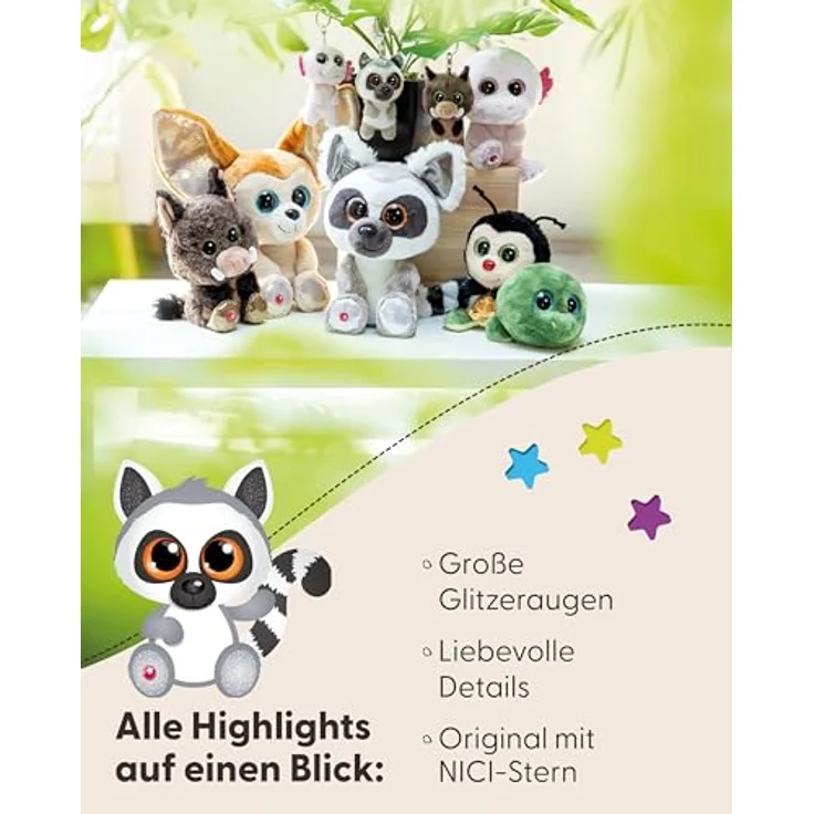 NICI Kuscheltier GLUBSCHIS Lemur King Lou 25cm weiß - Plüsch, Glitzeraugen, geringelter Schwanz - Geschenkidee – Bild 4