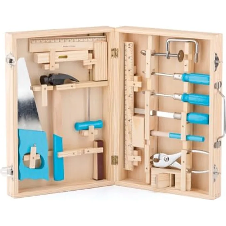 Woodyland Spielwerkzeugkoffer 91800, 16-tlg. Holz/Metall-Mix mit Tragegriff und realistisch aussehenden Spielzeugen für kleine Handwerker, geeignet ab 5 Jahren