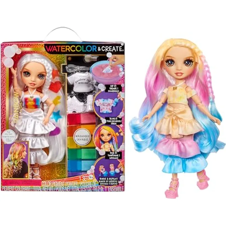 Rainbow High Watercolour & Create DIY Modepuppe, Auswaschbare Wasserfarben & Batikset - Braune Augen, Lockenhaar, Extra Top & Schuhe - 4-12+ Jahre, Regenbogenfarben (Rosa, Orange, Gelb, Grün, Blau, Lila)