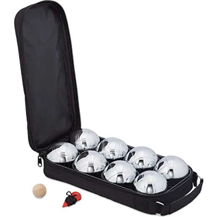 Relaxdays Boule, 8 Metall Kugeln, Set mit Zielkugel & Abstandsmesser, Tragetasche, Boccia Spiel, Silber/schwarz