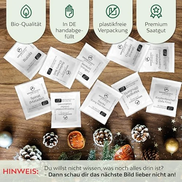 Growgreens BIO Saatgut & Samen Adventskalender 2025, 24 verschiedene Gemüsesorten in plastikfreier Verpackung, nachhaltiges Geschenk für Hobbygärtner – Bild 7