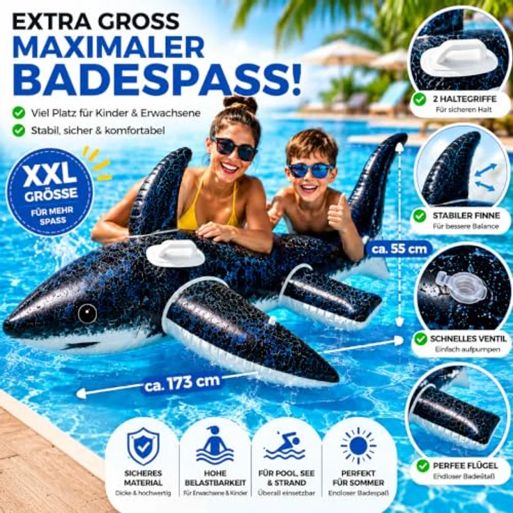 TK Gruppe Timo Klingler Aufblasbar XXL Hai Luftmatratze 180 cm, Schwimmring für Kinder & Erwachsene, robustes PVC, ideal für Pool & Strand – Bild 2