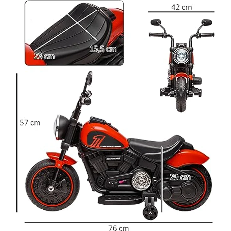 HOMCOM Elektro-Kindermotorrad 18-36 Monate, mit Stützrädern und Scheinwerfer, Belastbarkeit 25 kg, 3 km/h, Rot – Bild 8