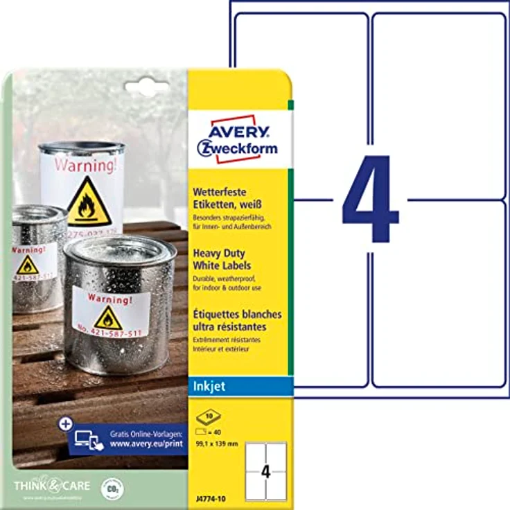 Avery Zweckform J4774-10 Wetterfeste Folien-Etiketten (A4, 40 Stück, 139,2 x 99,1 mm) 10 Blatt weiß – Bild 1