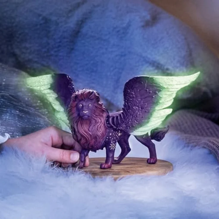 Schleich Mondlöwe 70837, bayala, leuchtend im Dunkeln, mit beweglichen Flügeln und Magnet im Sattel, lila-goldenes Fell – Bild 2