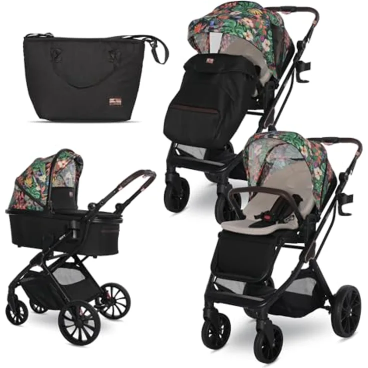 Lorelli Kinderwagen Glory 2 in 1, Kombikinderwagen bis 22 kg inkl. Babywanne und Sportsitz, Sportbuggy, Reisebuggy, Baby Buggy klein zusammenklappbar, große Gummireifen, Federung, blumenmotiv