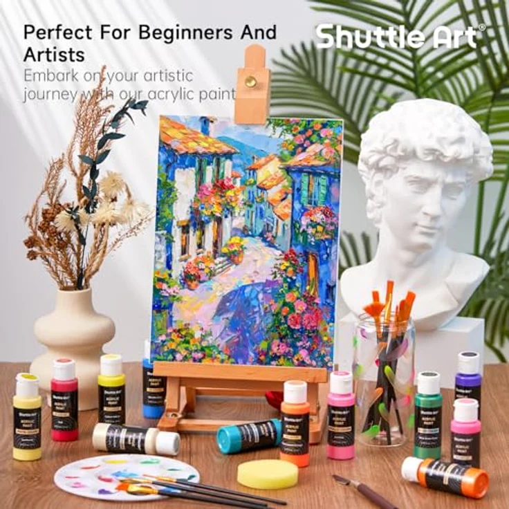 Shuttle Art Acrylfarben Set, 80 bunte Acrylfarben (60ml) mit 12 Pinseln, ungiftig, wasserfest für Leinwand, Holz und Steine – Bild 2