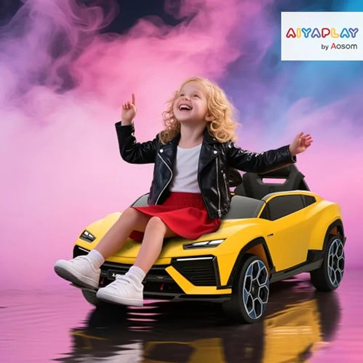 AIYAPLAY AIYAPLAY Kinder Elektroauto 12V, Lamborghini-Lizenz, 2,4 GHz Fernbedienung, 2 Motoren, LED, Musik, sanfter Start, für 3–6 Jahre, Gelb – Bild 2