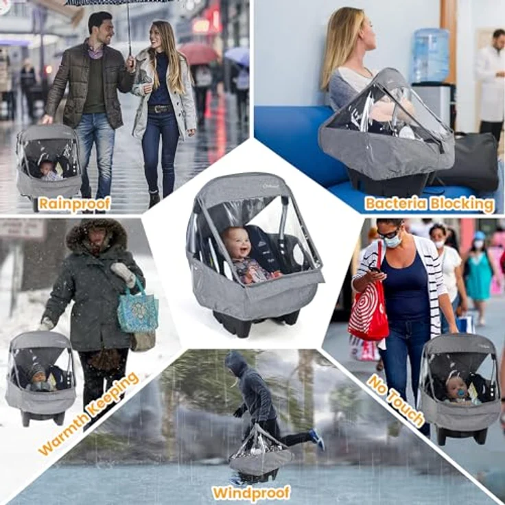 Orzbow Universal Regenschutz für Babyschale (z. B. Maxi-Cosi/Cybex/Römer),Abdeckbare Trageöffnung und Luftlöchern, Kontaktfenster,mit Tasche,Notwendiger Schutz für Babys oder Haustiere (Hellgrau) – Bild 8
