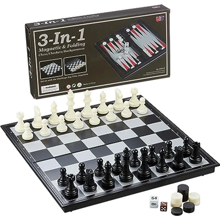 Relaxdays 3-in-1 Schachspiel magnetisch, Klappbares Reisespiel für Schach, Dame und Backgammon, Schwarz/Weiß/Rot – Bild 1