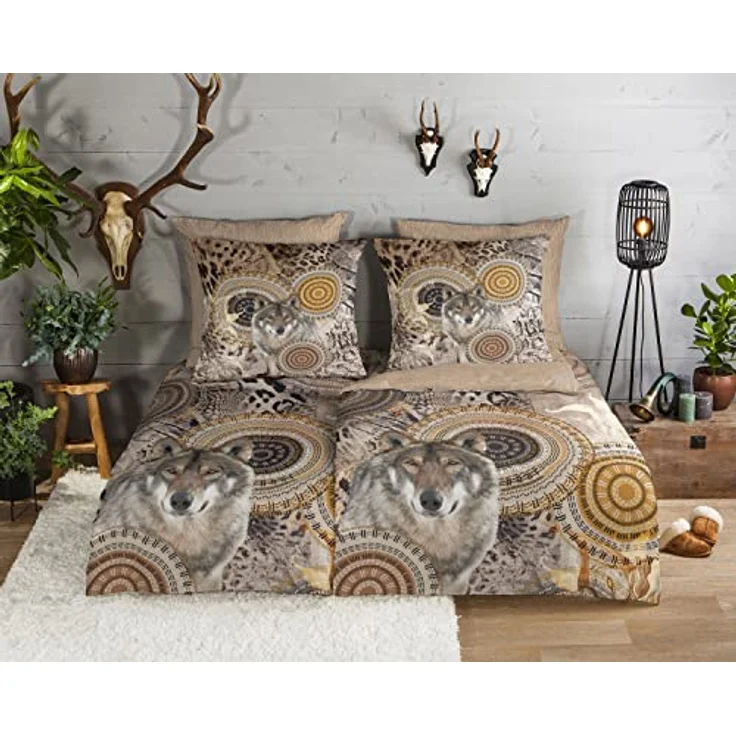 Traumschloss Comfort Flanell Bettwäsche »Sverre«, Mandalas mit Wolf, beige, 155x220 & 80x80, 100% Baumwolle, wärmend & kuschelig, mit Reißverschluss bestehend aus Kissen und Bettbezug – Bild 2