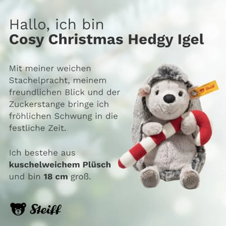 Steiff Kuscheltier Cosy Christmas Hedgy Igel, Plüschtier mit Kunststoffaugen, grau, 18 cm, handgefertigt, bei 30 °C waschbar – Bild 2