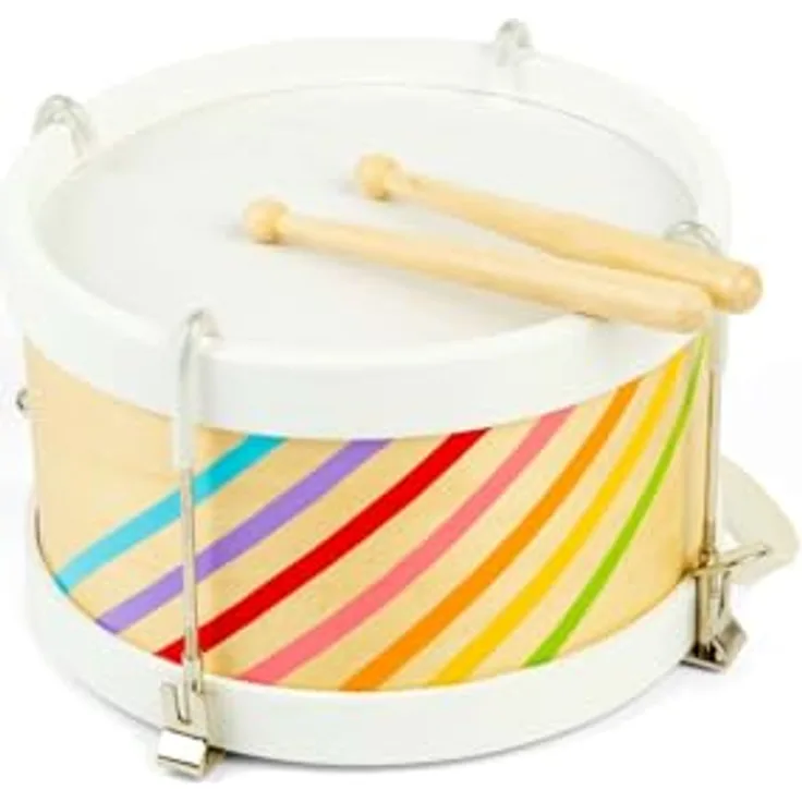 Bigjigs Toys Regenbogen Schlagzeug, 3-teiliges Holz Drum Set für Kleinkinder, inkl. verstellbarem Gurt und 2 Holztrommelstöcken, ab 3 Jahren