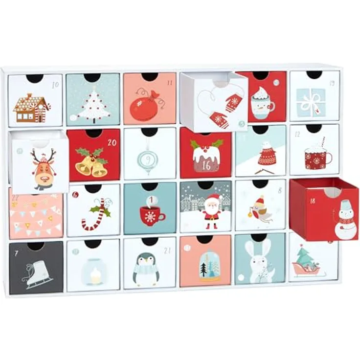 BRUBAKER Adventskalender zum Befüllen - Sweet Chistmas 2024 - DIY Weihnachtskalender aus Pappe, 39 cm groß, für Gutscheine und Süßigkeiten in Weiß, Rot und Blau
