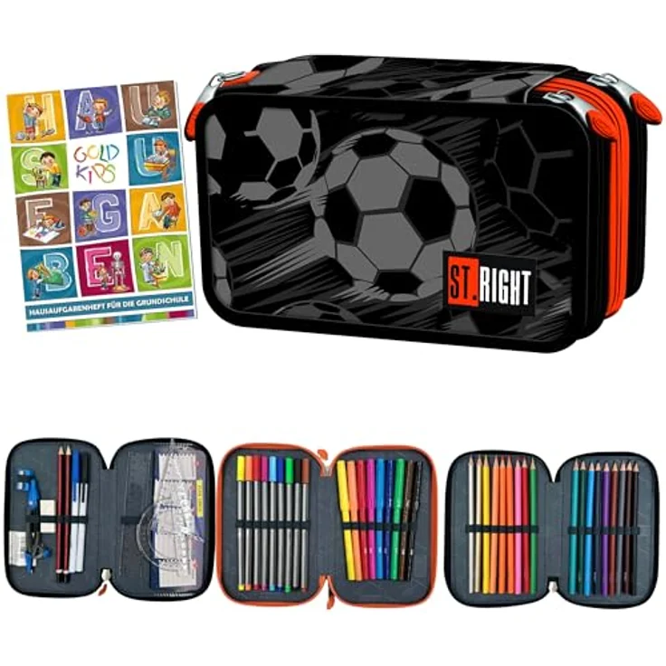 Goldkids Federmäppchen 3 Fächer, gefüllte Schüleretui 46-teilig mit Classic Ball Motiv, robuste Verarbeitung und sicherer Reißverschluss – Bild 1
