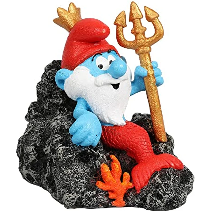 Aqua Della, Figur Schlümpfe unter Wasser, Neptun, 9,4 x 6,8 x 8,5 cm, sehr detailliert und aus Polyesterharz, ungiftig und pH-neutral, für Süß- und Meerwasseraquarien – Bild 1