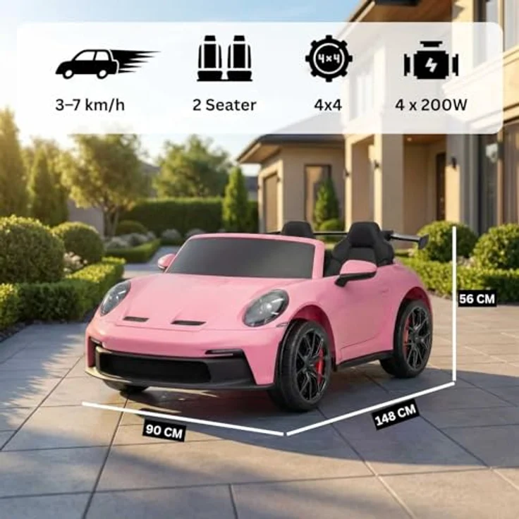 Beneo Motors Elektrisches Kinderauto Porsche 911 24V, rosa, 4x4-Antrieb, zwei Sitze, 200W Motoren, 2,4-GHz-Fernbedienung, USB/AUX, LED-Leuchten, Lithium-Batterie, Federung – Bild 3