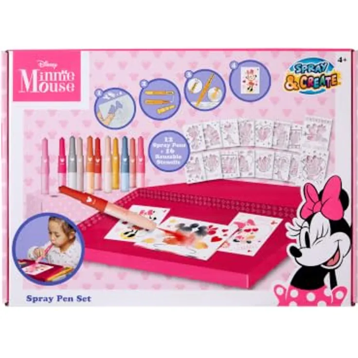 Canenco Minnie Mouse Blow Pens Deluxe Set, 12 Sprühstifte und 16 Schablonen für kreatives Ausmalen