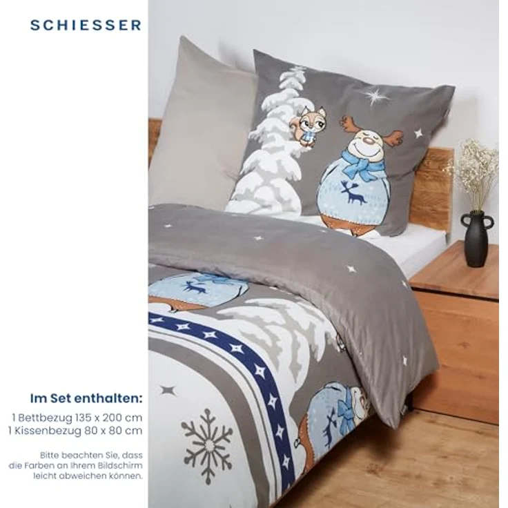 Schiesser Feinbiber Bettwäsche Set Kitta mit coolem Winter-Print, Farbe:Grau und Hellblau, Größe:135 cm x 200 cm – Bild 5