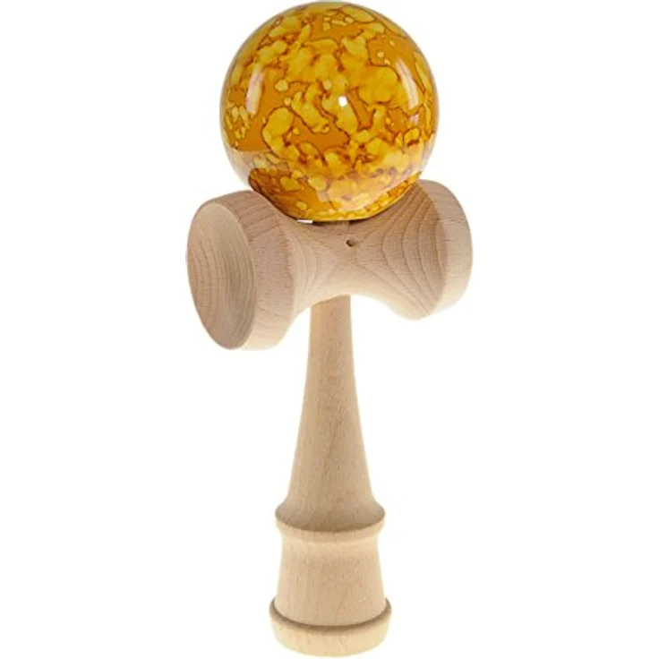 Ganzoo Kendama Yellow Magic, klassisches Geschicklichkeitsspiel aus Buchenholz mit Holzball, Nylonseil, ergonomischem Griff und 3 Auffangmulden, 16 cm – Bild 4