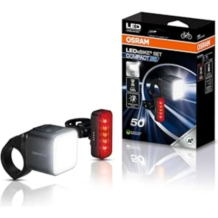 OSRAM LEDsBIKE COMPACT 50 Set, wiederaufladbares Fahrradlicht-Set mit Vorder- und Rücklicht, StVZO-geprüft, Garmin-kompatible Halterung, 50 Lux, drei Beleuchtungsmodi – Bild 1