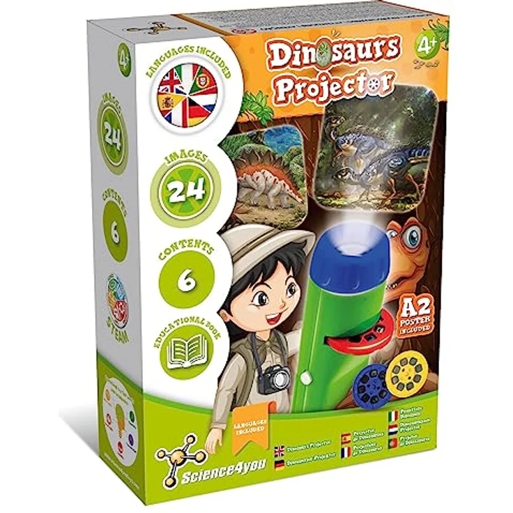 Science4you Dino Taschenlampe, Projektor für Kinder ab 4 Jahren mit 24 Dinosaurier-Bildern und A2-Poster, Lernspielzeug und Geschenk für kleine Paläontologen – Bild 1
