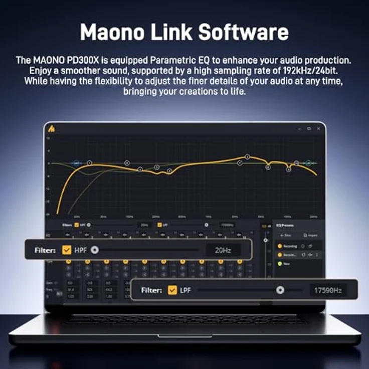 MAONO PD300X Podcast-Mikrofon, XLR/USB Mikrofon mit Geräuschunterdrückung, 192kHz/24Bit Hi-Fi Audio, Stummschalttaste, Link Software für Podcasting und Streaming – Bild 4